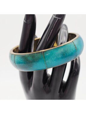 1980s Brass Bangle Bracelet With Blue Enamel Inlay Made In India
